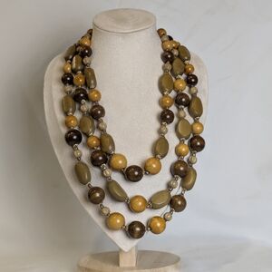 Vintage Wooden Beaded Triple Strand Necklace With Intricate Clasp